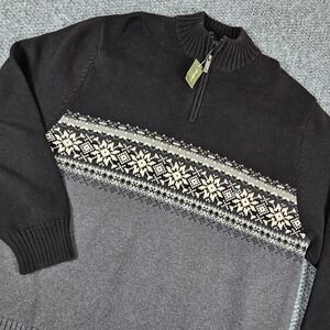 Vtg Eddie Bauer Mens Fairisle Half Zip Sweater Black Grey Snowflake XXL Cotton